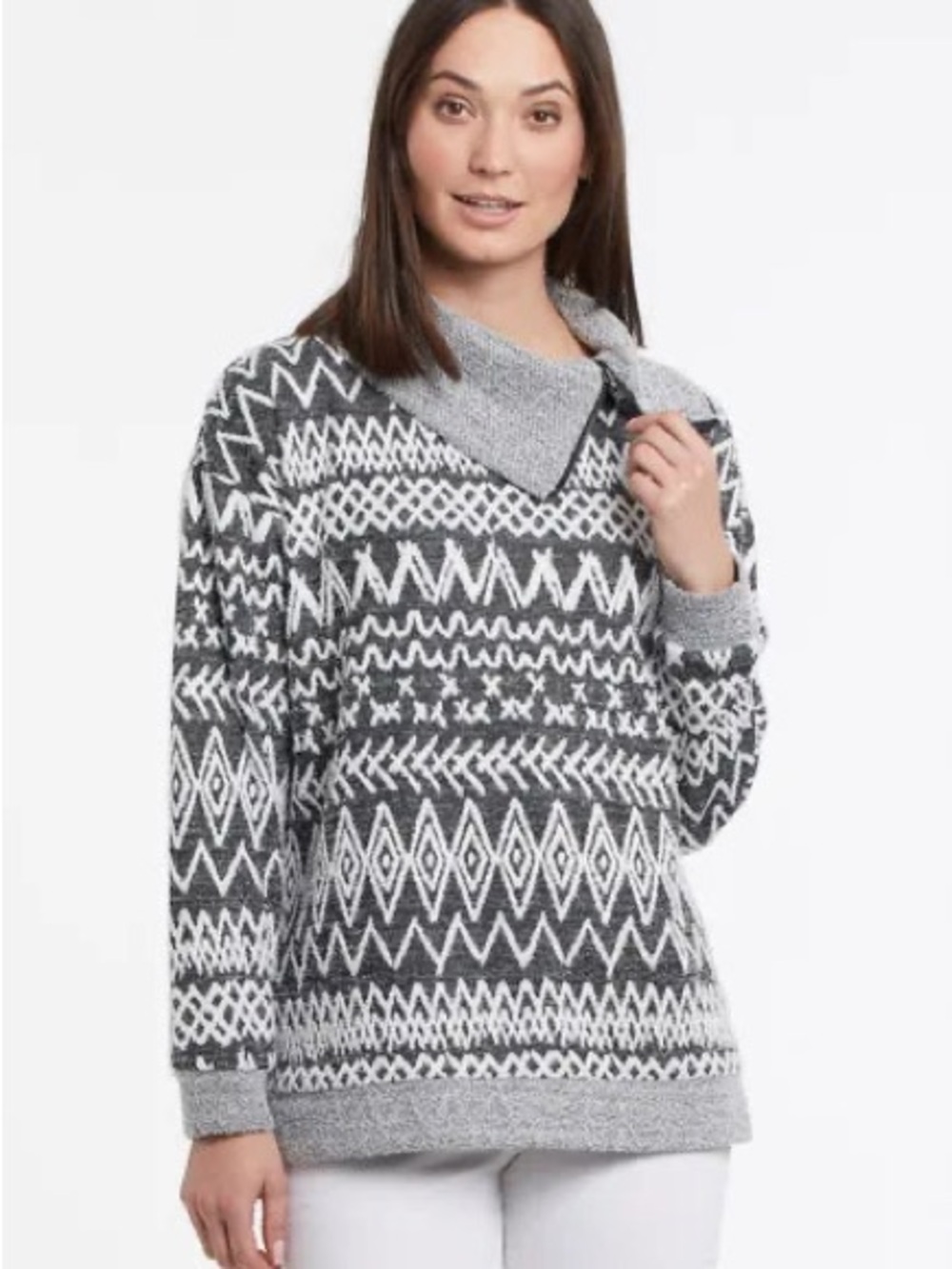 Tribal brand gray and white patterned quarter zip pullover sweater
